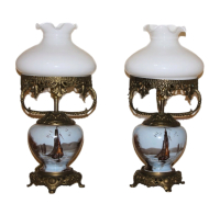 EL BOYAMASI GEMİ MANZARALI PORSELEN GÖVDELİ ELEKTRİKLİ ABAJUR ÇİFTİ