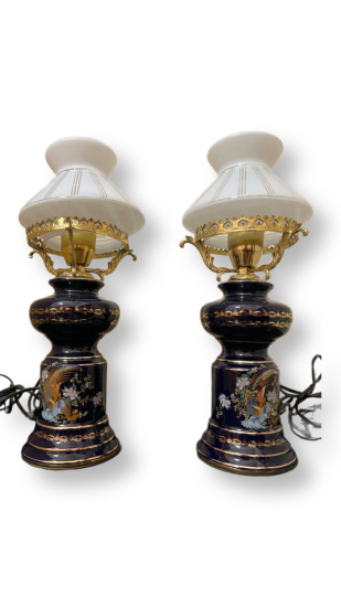 EL BOYAMASI KUŞ VE ÇİÇEK DESENLİ PORSELEN GÖVDELİ ELEKTRİKLİ ABAJUR ÇİFTİ