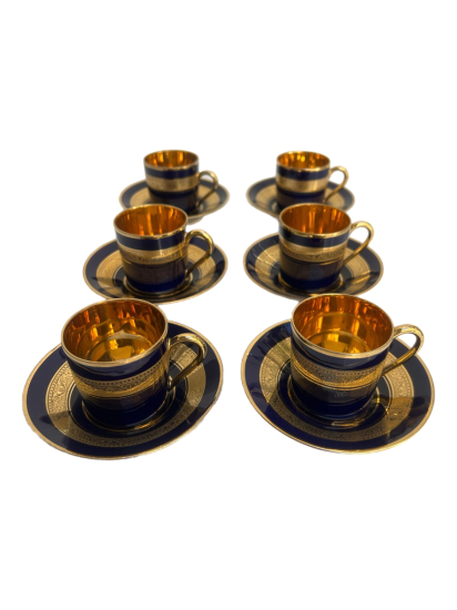 LIMOGES FRANCE 6’LI SİYAH-ALTIN PORSELEN KAHVE TAKIMI, 24 AYAR ALTIN DETAYLI