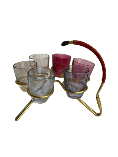 VİNTAGE METAL SAPLI RENKLİ CAM BARDAKLI TAŞIYICI SET