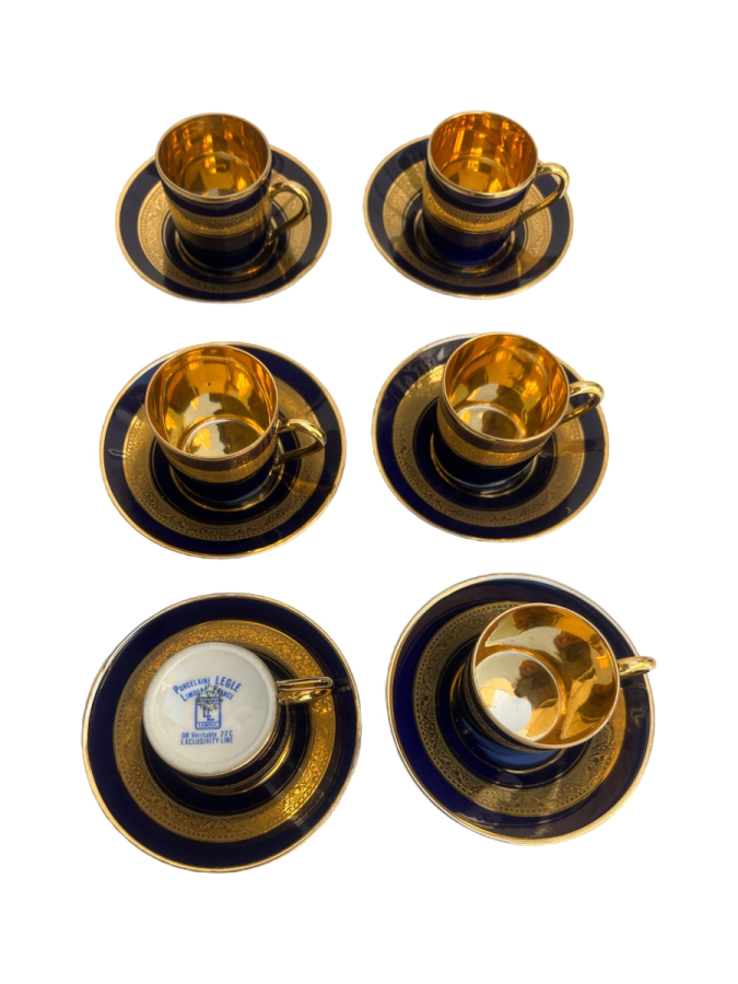 LIMOGES FRANCE 6’LI SİYAH-ALTIN PORSELEN KAHVE TAKIMI, 24 AYAR ALTIN DETAYLI