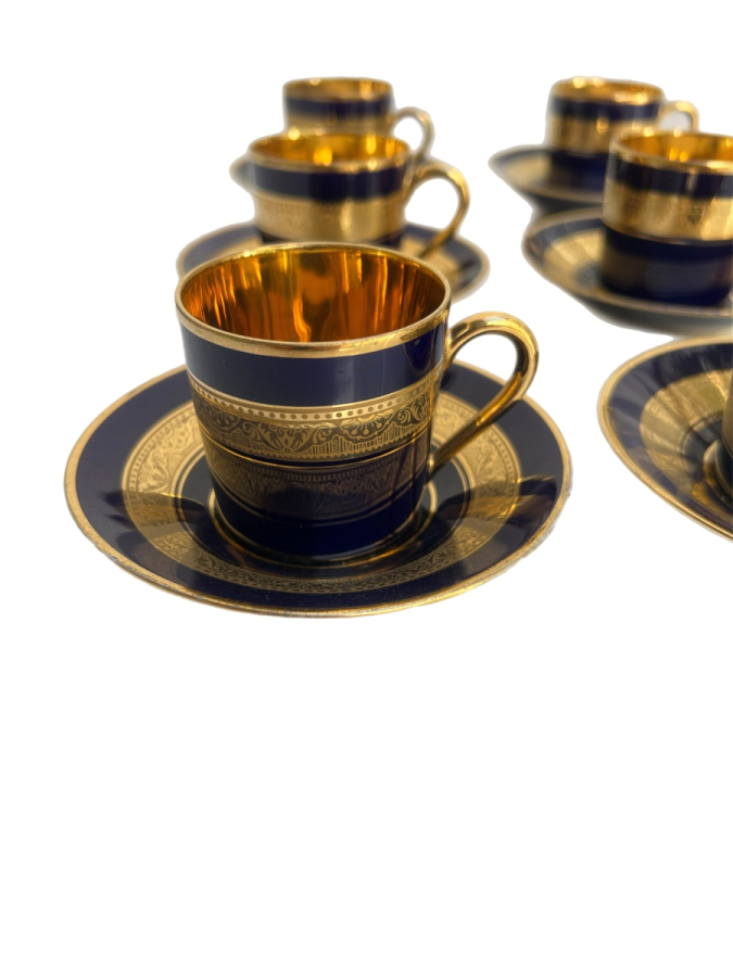 LIMOGES FRANCE 6’LI SİYAH-ALTIN PORSELEN KAHVE TAKIMI, 24 AYAR ALTIN DETAYLI