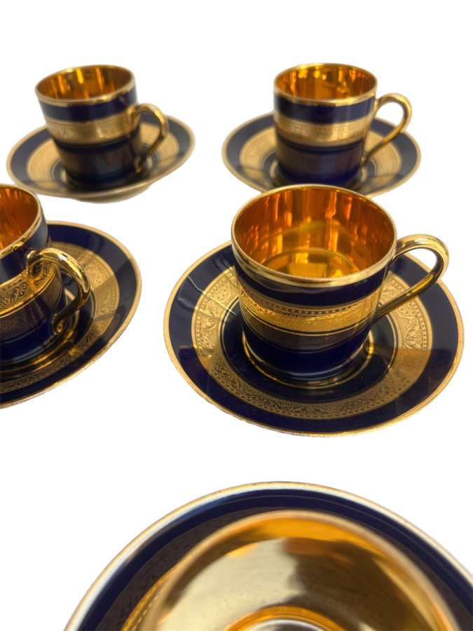 LIMOGES FRANCE 6’LI SİYAH-ALTIN PORSELEN KAHVE TAKIMI, 24 AYAR ALTIN DETAYLI