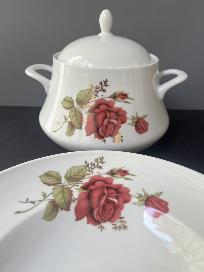 ST. BAVARIA ROSENBERG PORSELEN GÜL DESENLİ KAPAKLI KASE VE SALATA TABAĞI TAKIMI